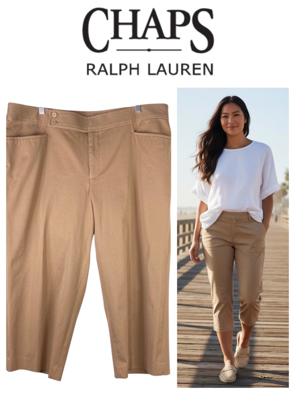 Chaps Ralph Lauren Crop Pants Capris Sz 18W 1X 2X Tan Khaki Summer Chic!